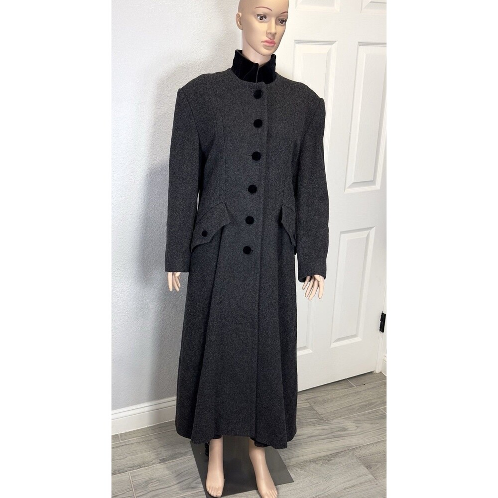 VTG Linda Richards 10 100% Wool Maxi Coat Charcoal Gray Made USA Velvet Buttons